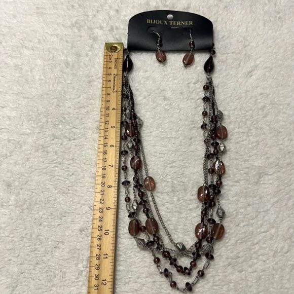 Bijoux Terner Silver Tone Earring & 5 Strand Necklace Set Brown Gemstone Beads - Picture 7 of 7